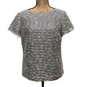 Talbots Tweed Short Sleeve Top Black White Metallic Fringe Holiday Party Size 6